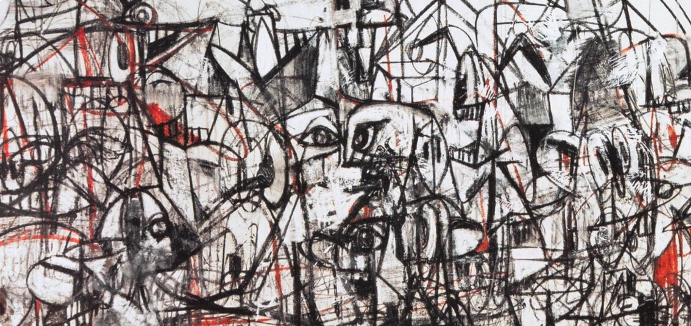 George Condo, Black and Red Compression, Drawing Paintings, Limited Edition Four Color Process Print