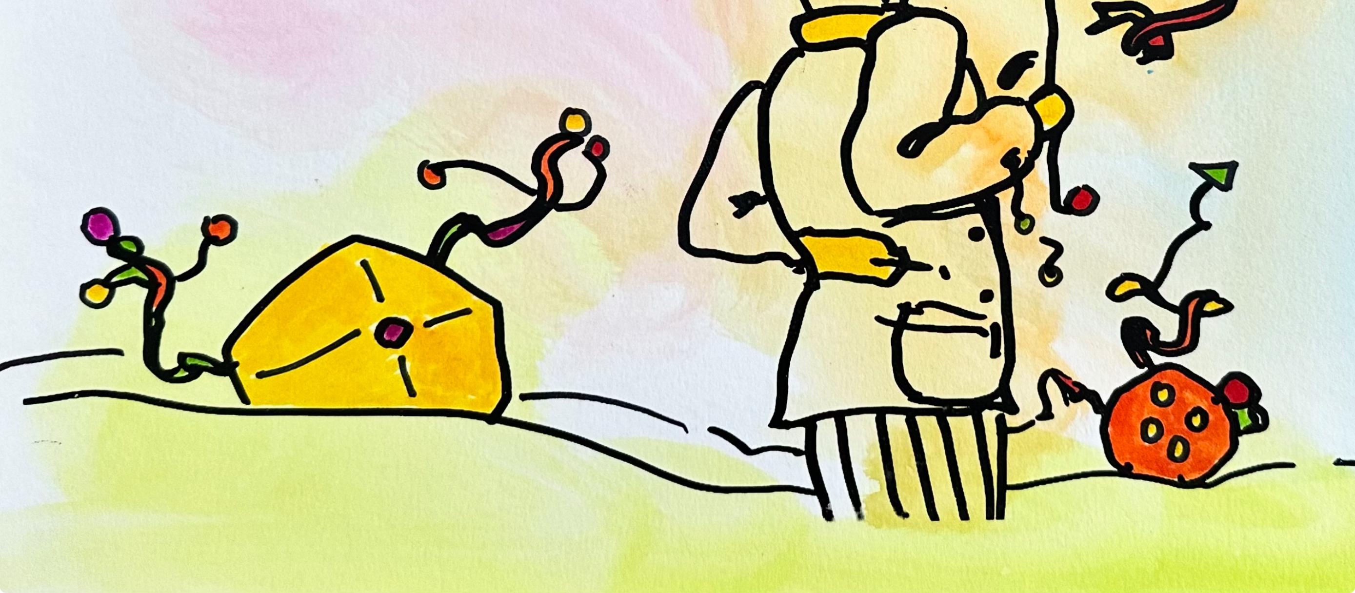 Peter Max, Umbrella Man, Hand Signed, Mixed Media Watercolor and Silkscreen Painting