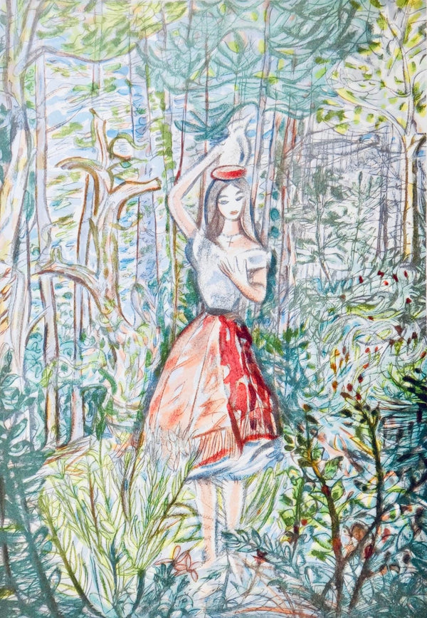 Louis Touchagues, La laitière, Vingt fables de La fontaine, Limited Edition Woodcut