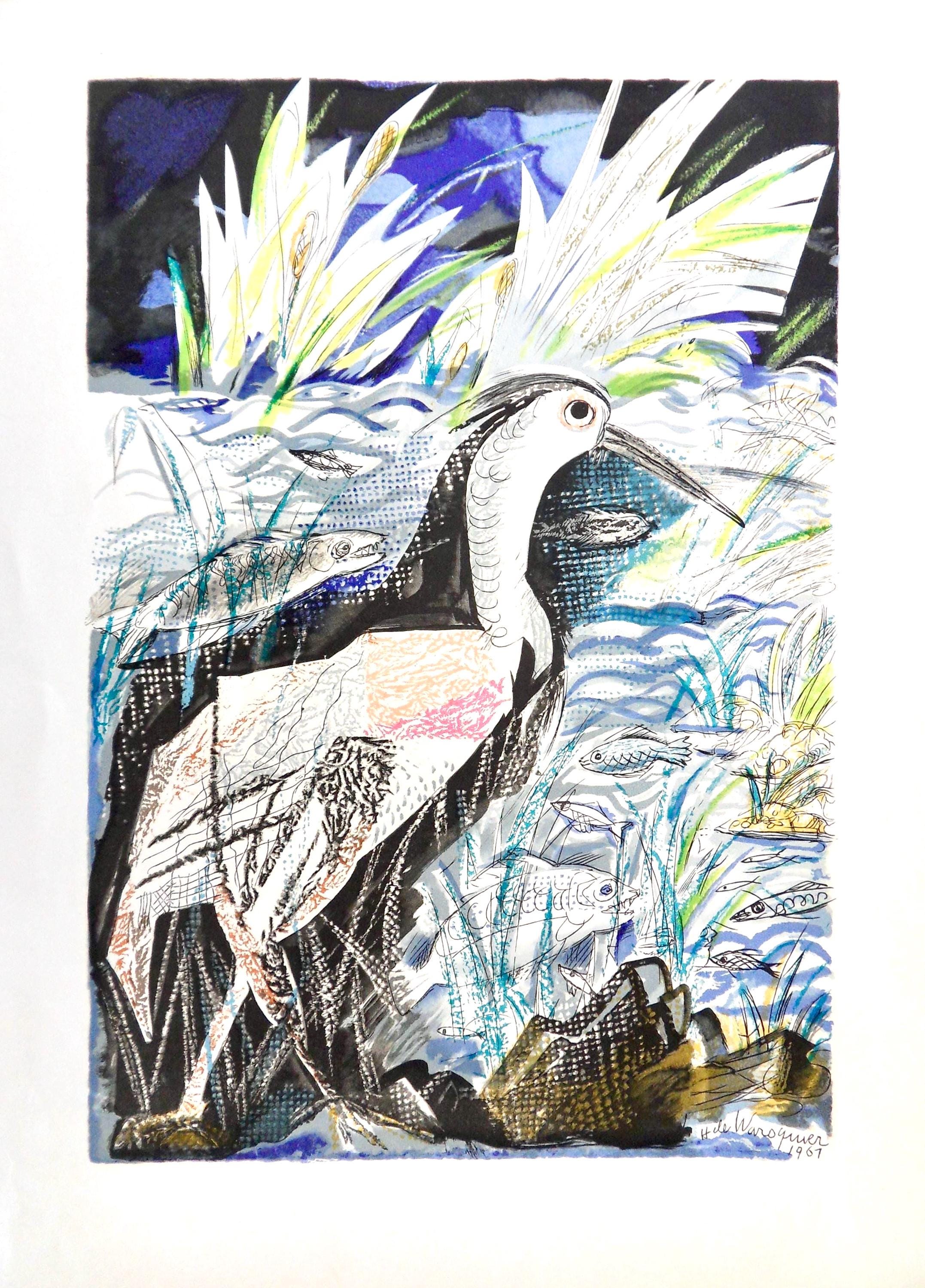 Henri de Waroquier, Héron au bord de la riviè, Vingt fables de La fontaine, Limited Edition Woodcut