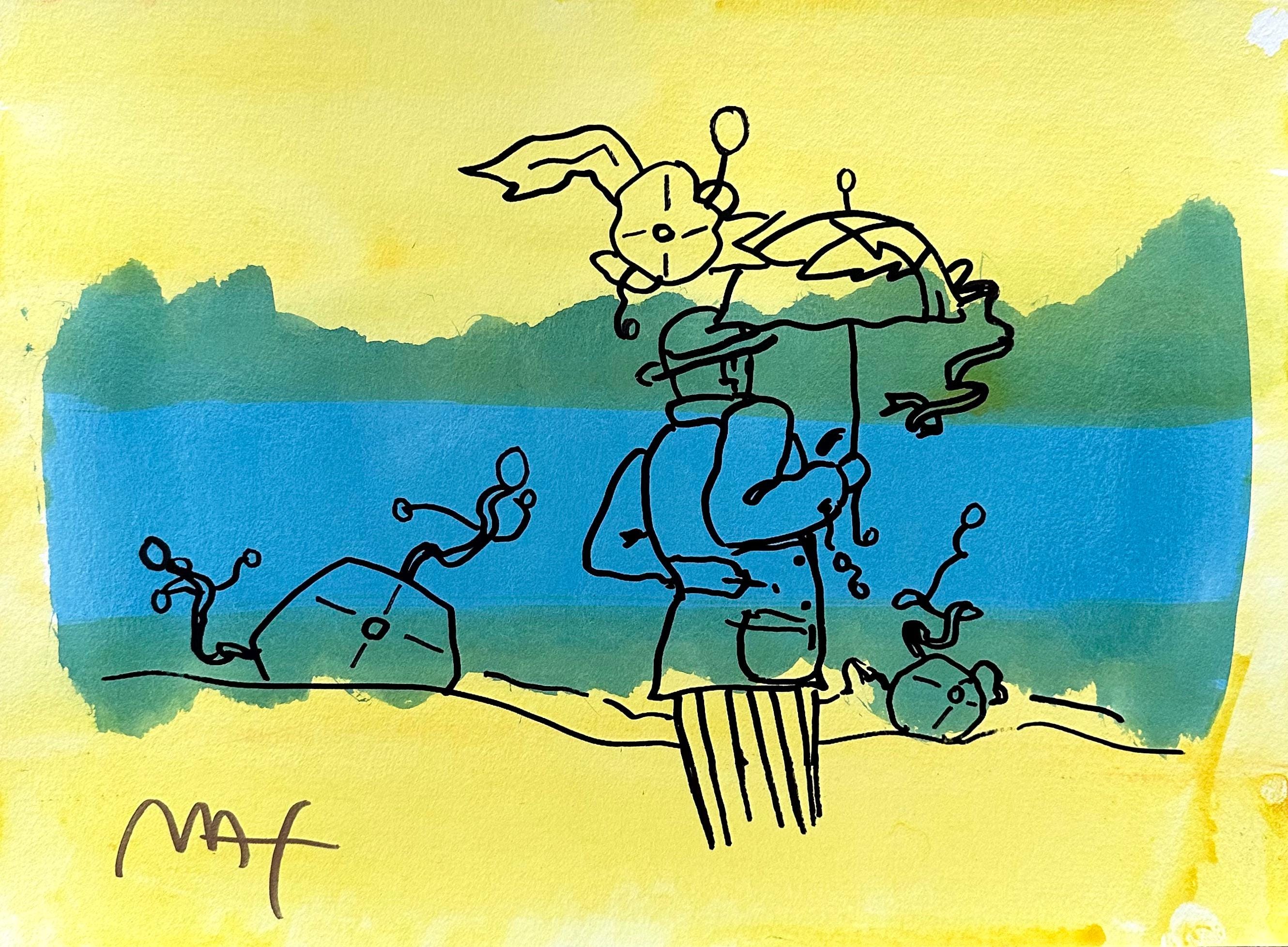 Peter Max, Umbrella Man, Hand Signed, Mixed Media Watercolor and Silkscreen Painting