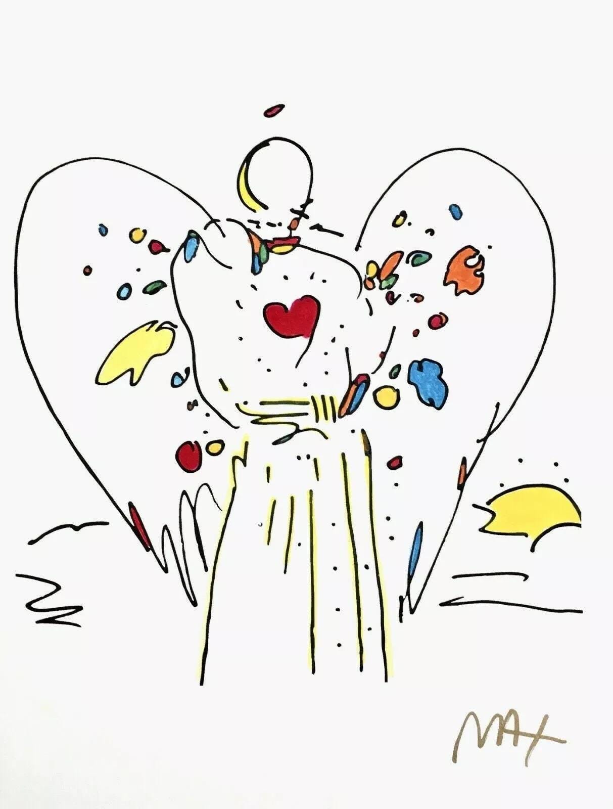 Peter Max, Angel with Heart, Hand Signed, Mixed Media Watercolor and Silkscreen Painting