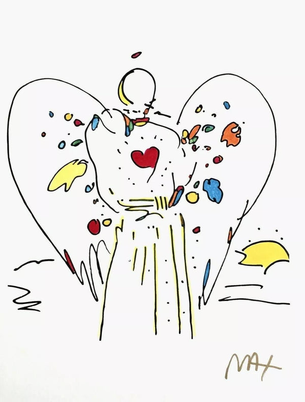 Peter Max, Angel with Heart, Hand Signed, Mixed Media Watercolor and Silkscreen Painting