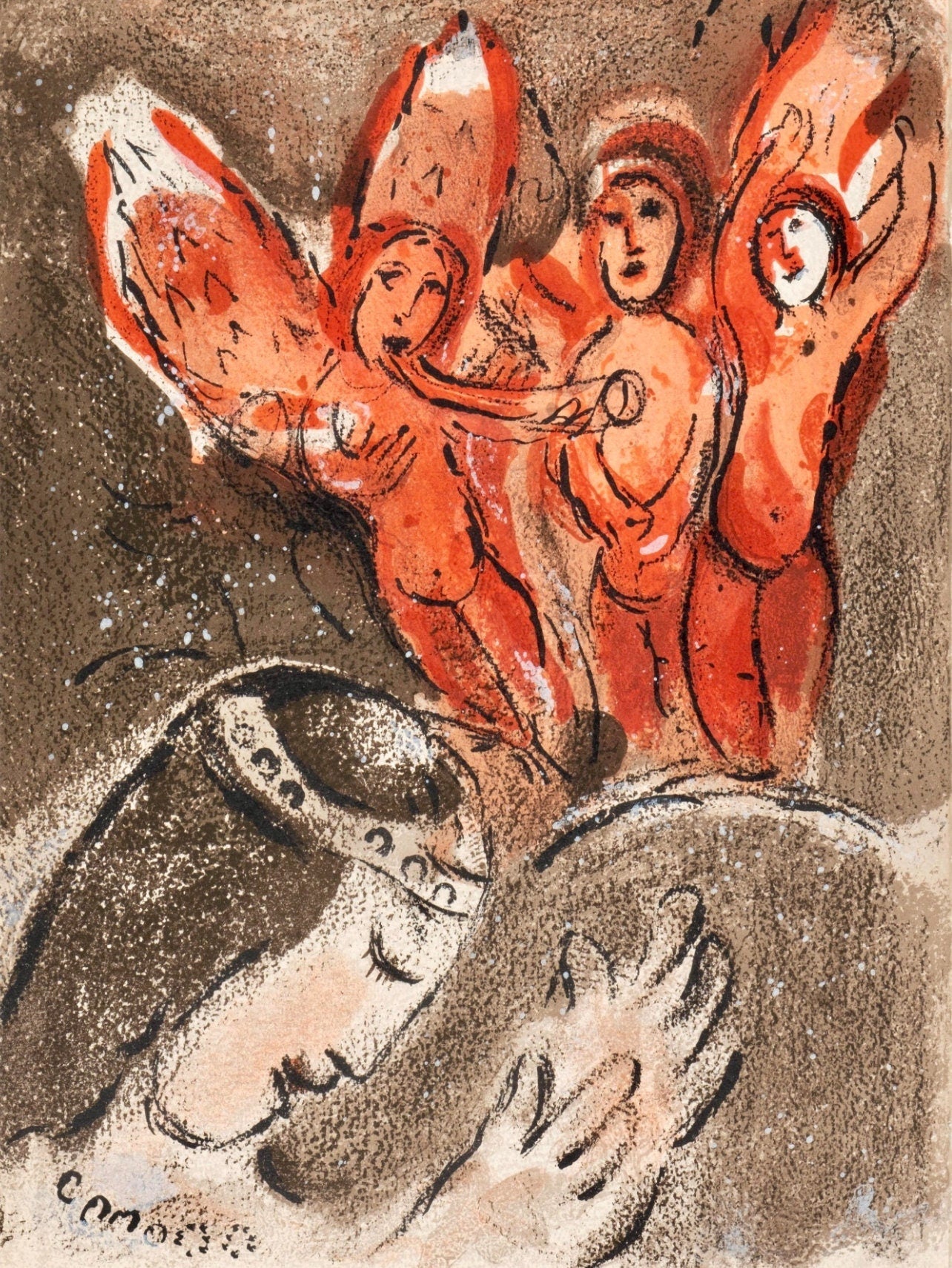Marc Chagall, Sarah and the Angels (Mourlot 117-46; Cramer 25), Drawings from the Bible, Verve: Revue, Limited Edition Lithograph