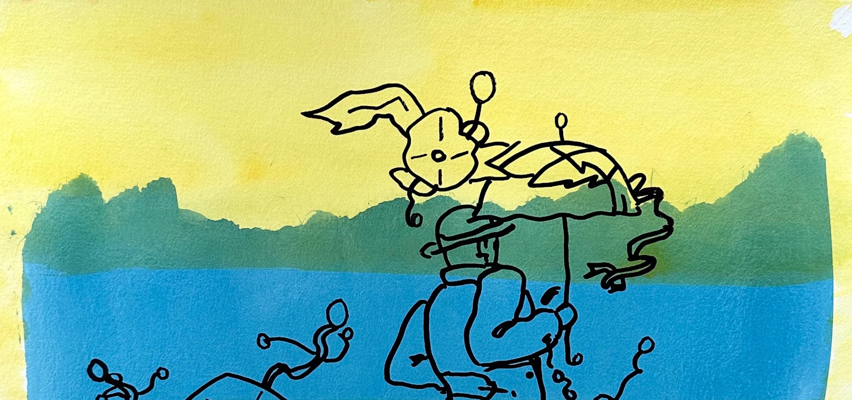 Peter Max, Umbrella Man, Hand Signed, Mixed Media Watercolor and Silkscreen Painting
