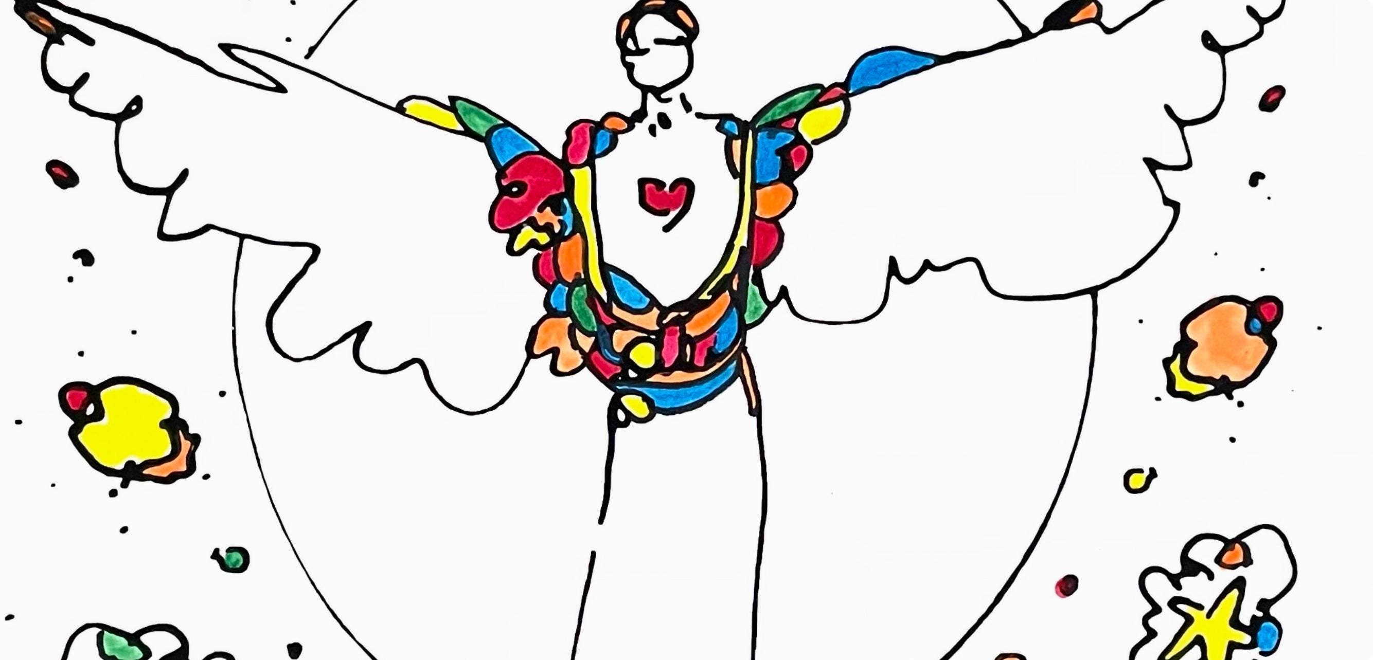 Peter Max, Angel with Spread Wings, Hand Signed, Mixed Media Watercolor and Silkscreen Painting