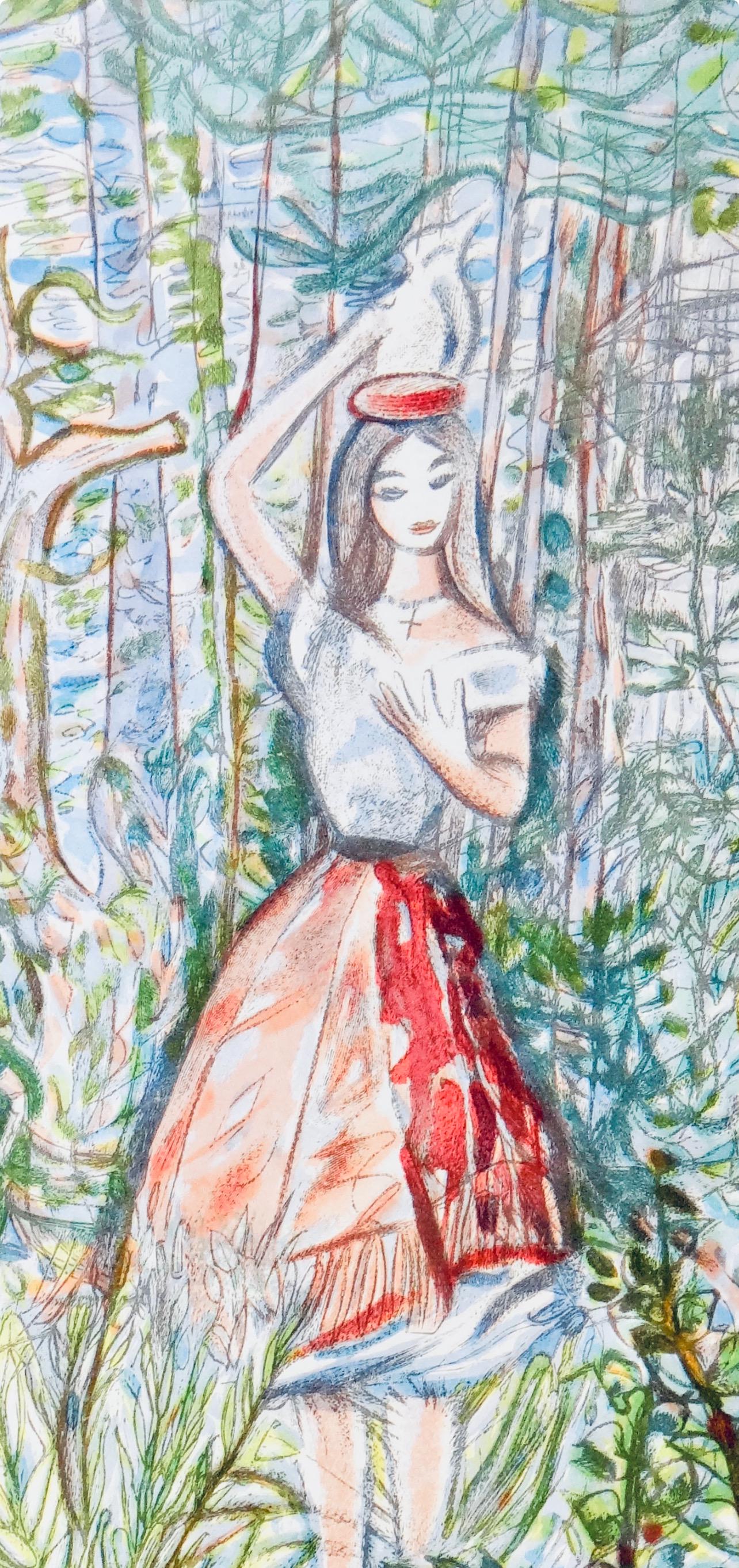 Louis Touchagues, La laitière, Vingt fables de La fontaine, Limited Edition Woodcut