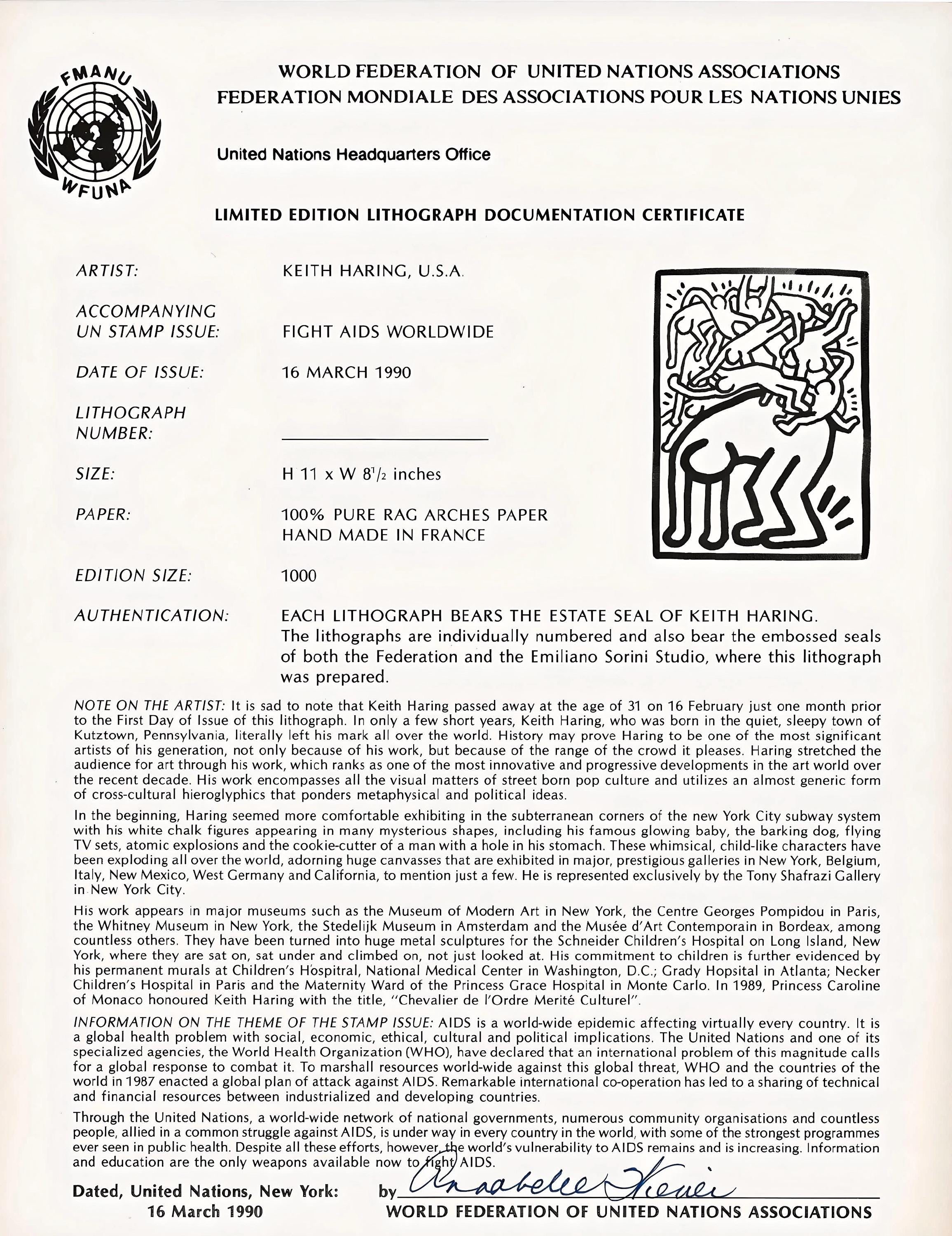 Keith Haring, Fight Aids Worldwide, World Federation of United Nations Associations, Limited Edition Lithograph