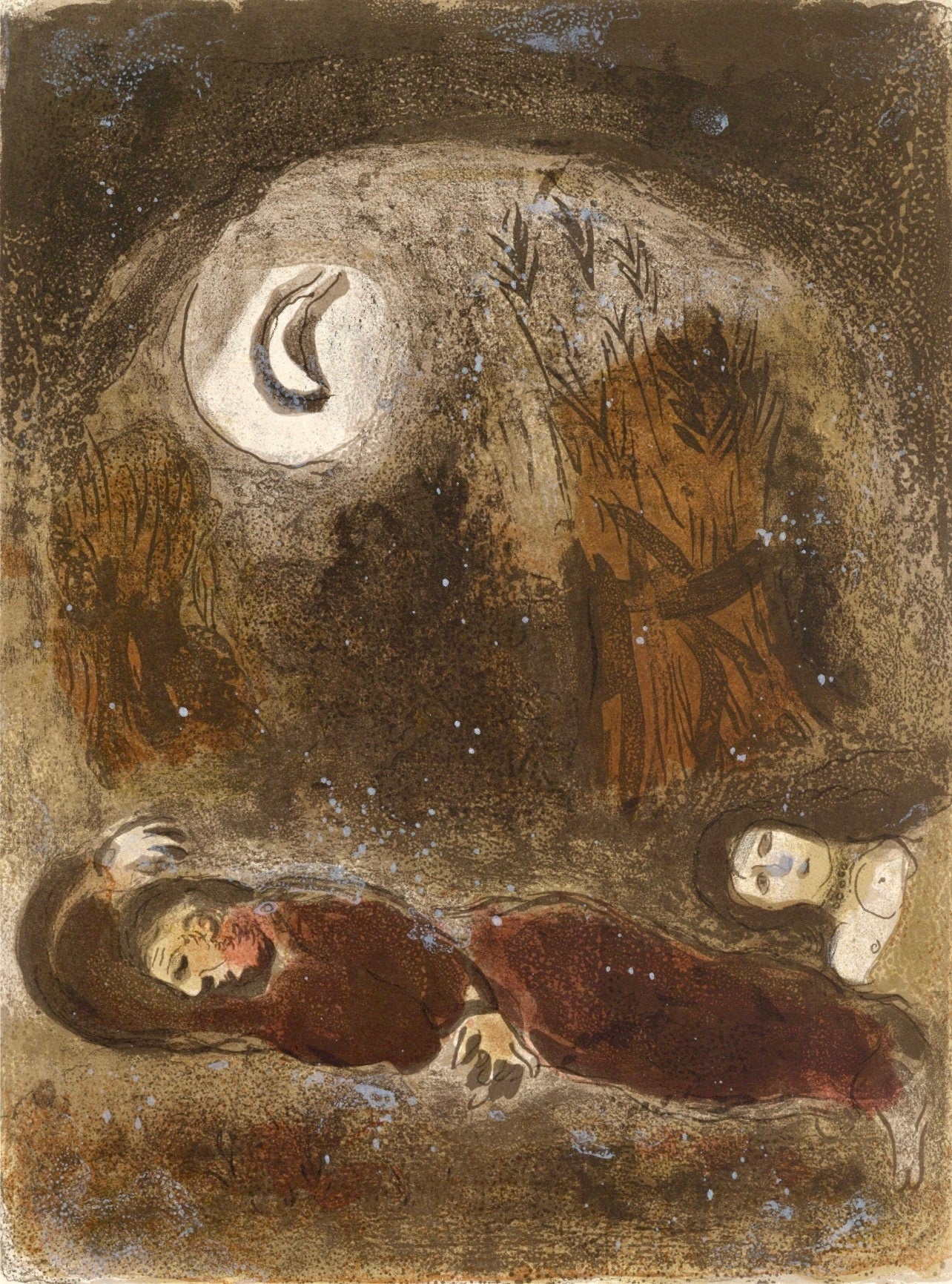 Marc Chagall, Ruth at the feet of Boaz (Mourlot 117-46; Cramer 25), Drawings from the Bible, Verve: Revue, Limited Edition Lithograph