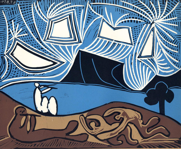 Pablo Picasso, Couple and Flutist at the Edge of a Lake (Orozco 214), Grabados al linóleo, Limited Edition Linocut