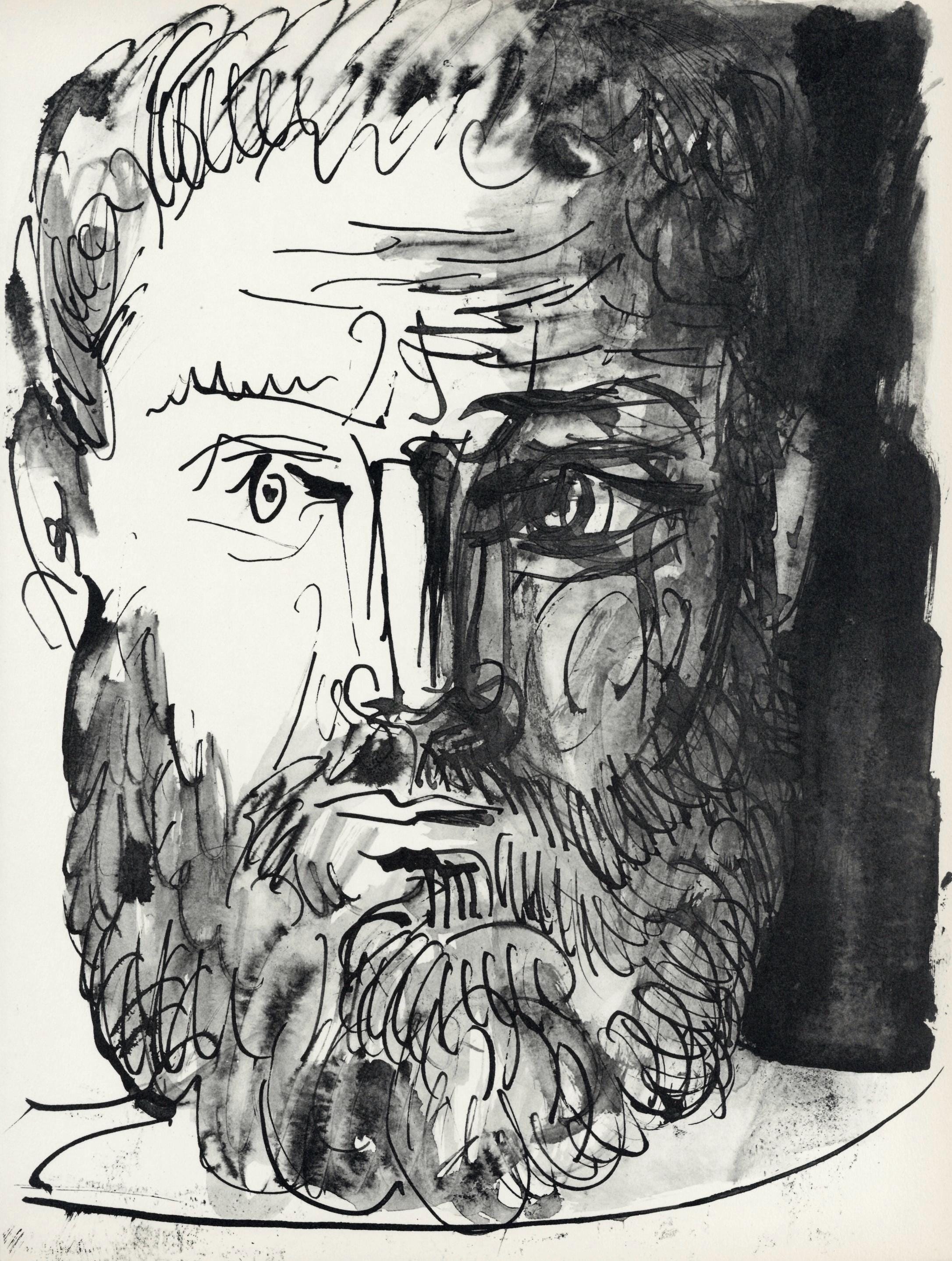 Pablo Picasso, Homme barbu, de face, trait et lavis (Cramer No. 84), 40 dessins de Picasso en marge du Buffon, Limited Edition Lithograph