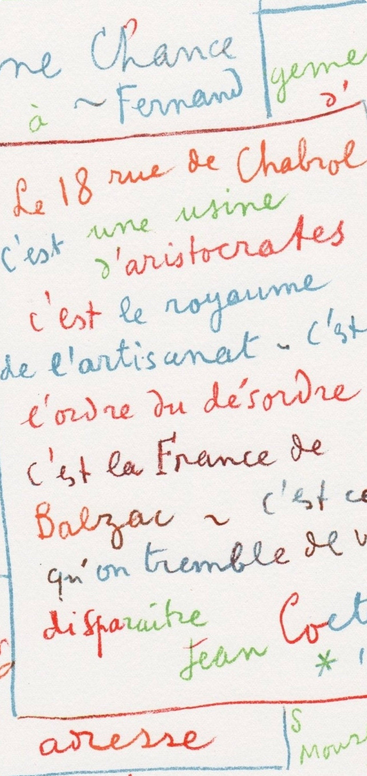 Jean Cocteau, Manuscrit, Souvenirs et portraits d'artistes, Limited Edition Lithograph