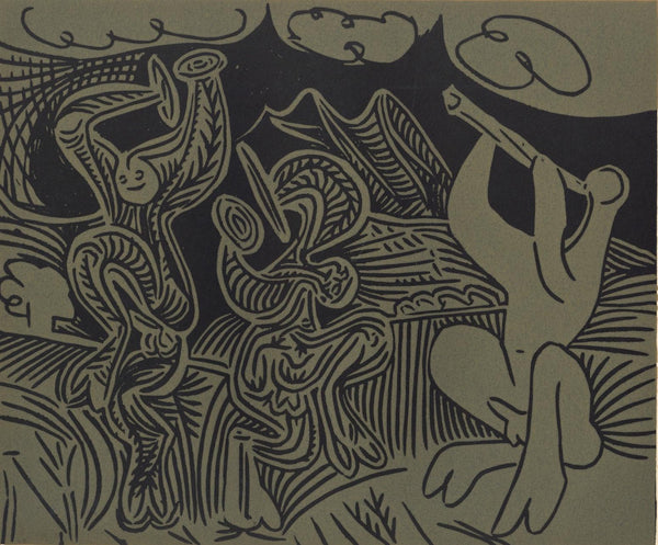 Pablo Picasso, Bacchanal: Flutist, Dancers (Orozco 214), Grabados al linóleo, Limited Edition Linocut