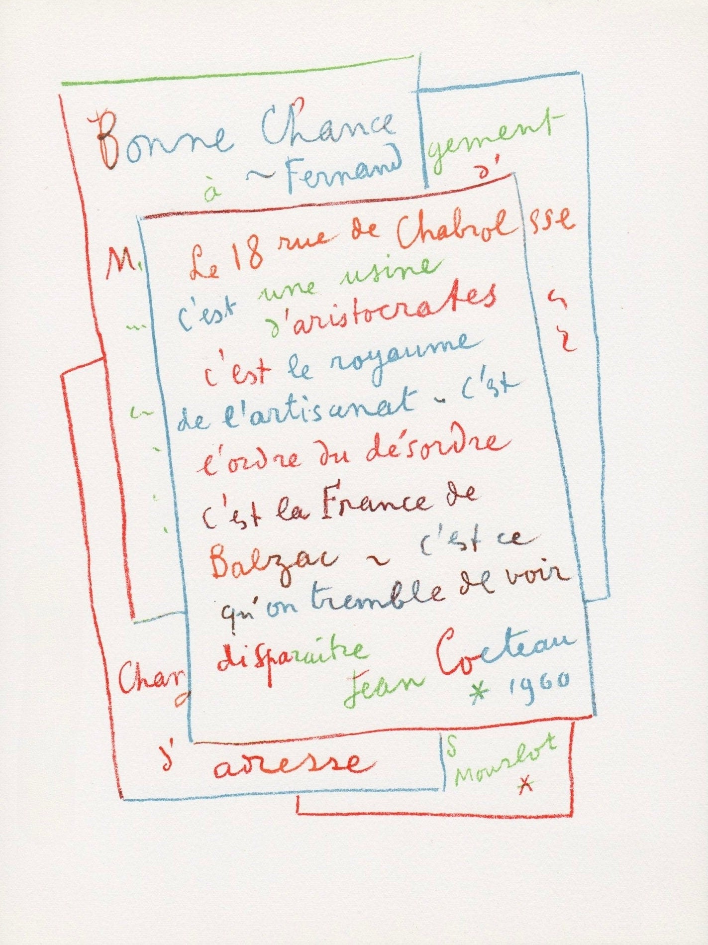 Jean Cocteau, Manuscrit, Souvenirs et portraits d'artistes, Limited Edition Lithograph