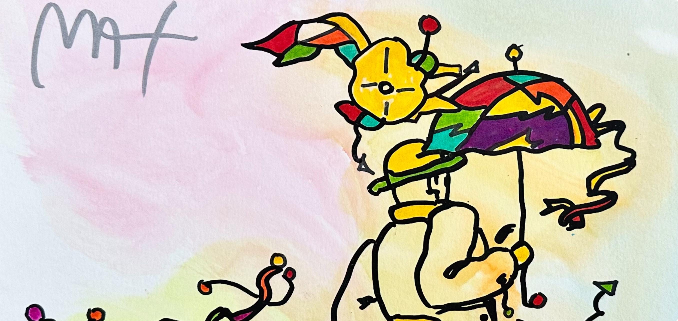 Peter Max, Umbrella Man, Hand Signed, Mixed Media Watercolor and Silkscreen Painting