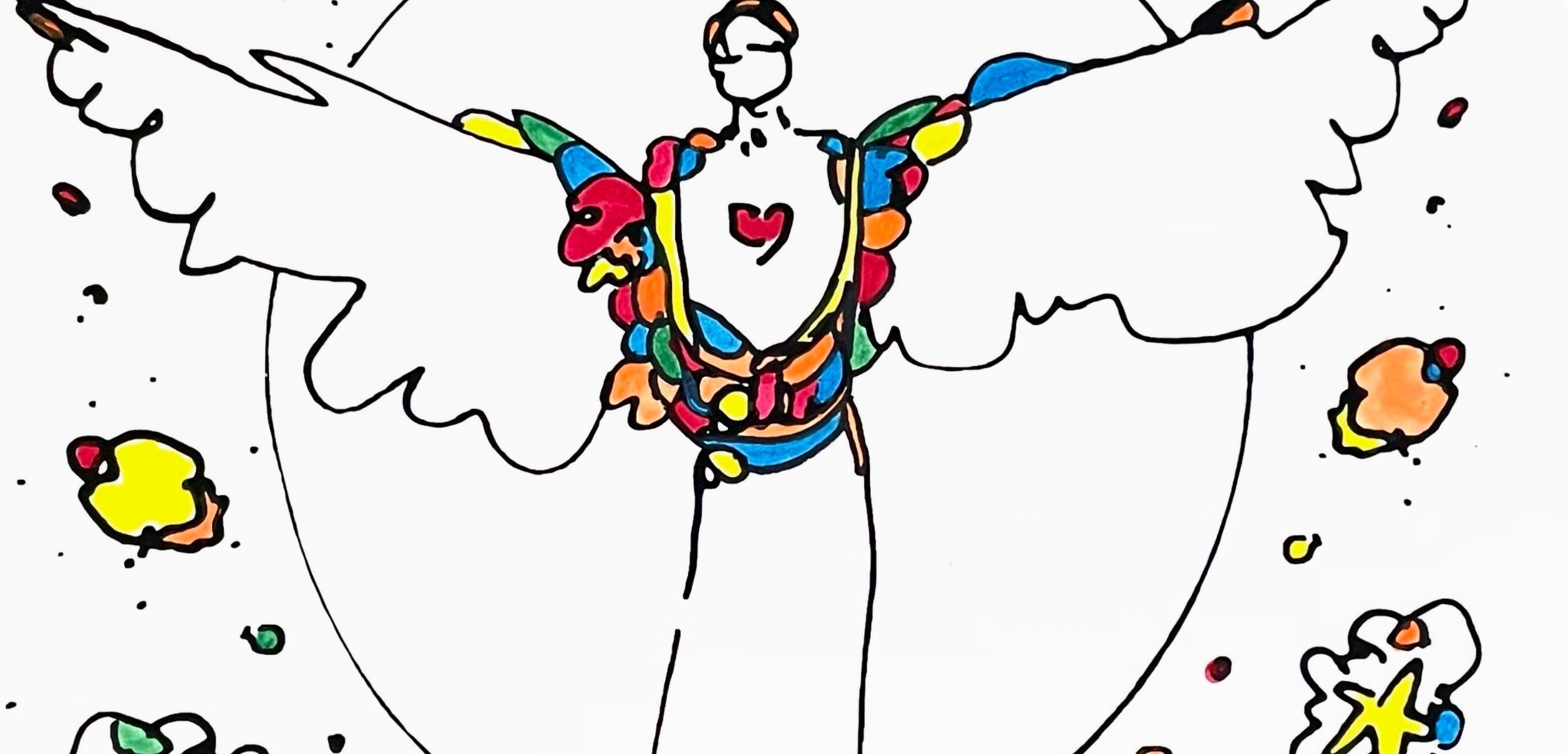 Peter Max, Angel with Spread Wings, Hand Signed, Mixed Media Watercolor and Silkscreen Painting