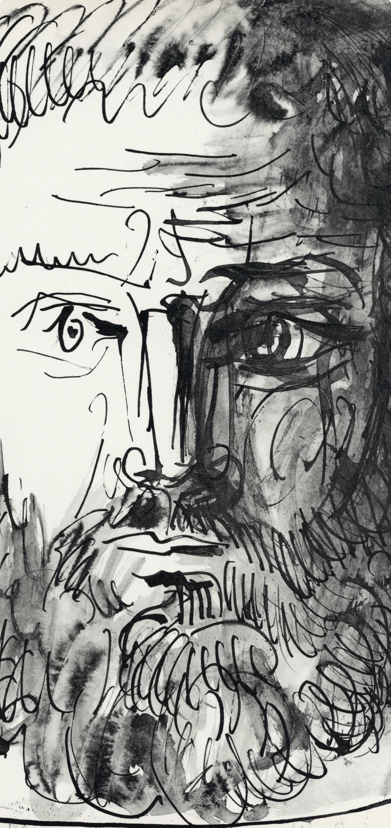 Pablo Picasso, Homme barbu, de face, trait et lavis (Cramer No. 84), 40 dessins de Picasso en marge du Buffon, Limited Edition Lithograph