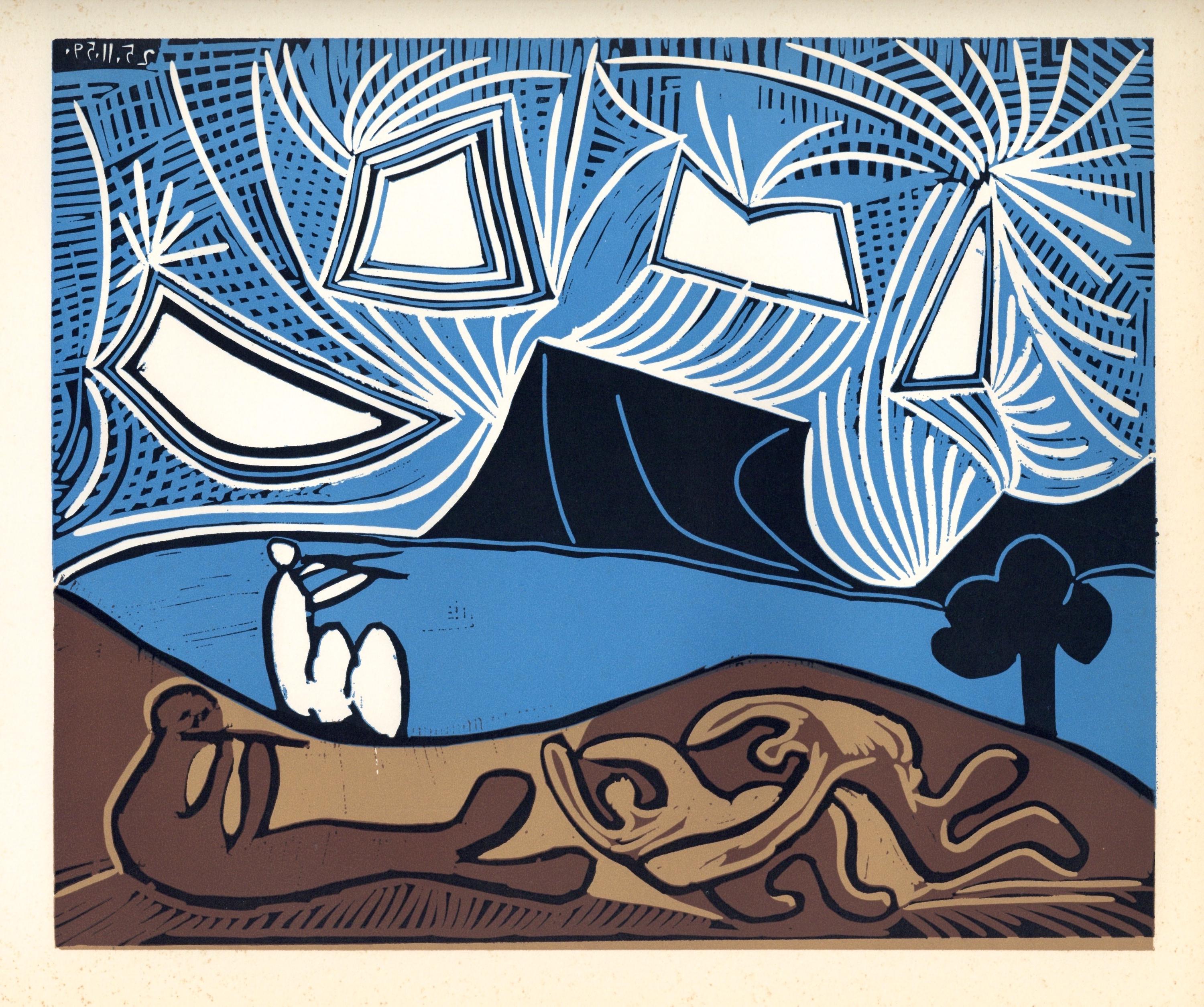 Pablo Picasso, Couple and Flutist at the Edge of a Lake (Orozco 214), Grabados al linóleo, Limited Edition Linocut