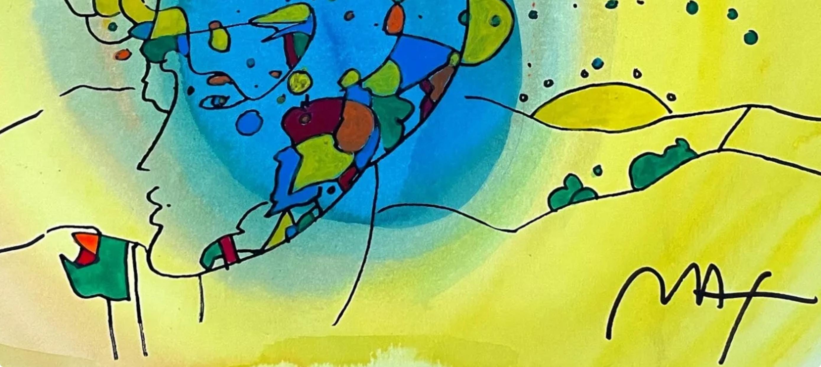 Peter Max, Galaxy Profile, Hand Signed, Mixed Media Watercolor and Silkscreen Painting