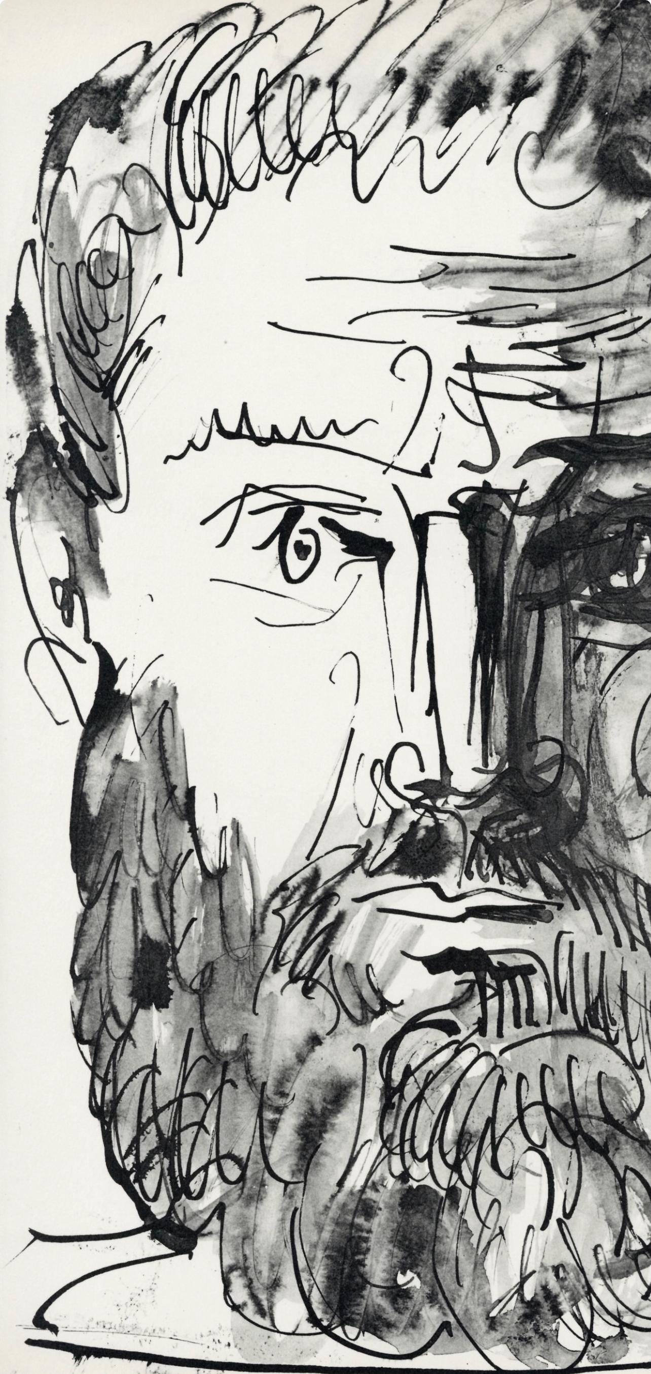 Pablo Picasso, Homme barbu, de face, trait et lavis (Cramer No. 84), 40 dessins de Picasso en marge du Buffon, Limited Edition Lithograph