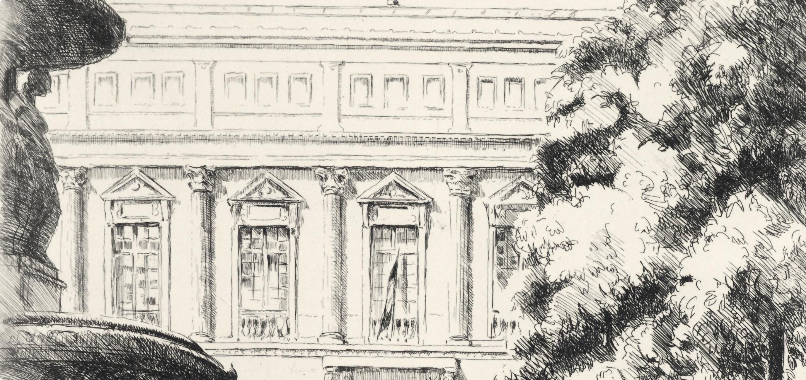 Eugène Corneau, La Bibliothèque nationale, A La gloire à Paris, Limited Edition Etching