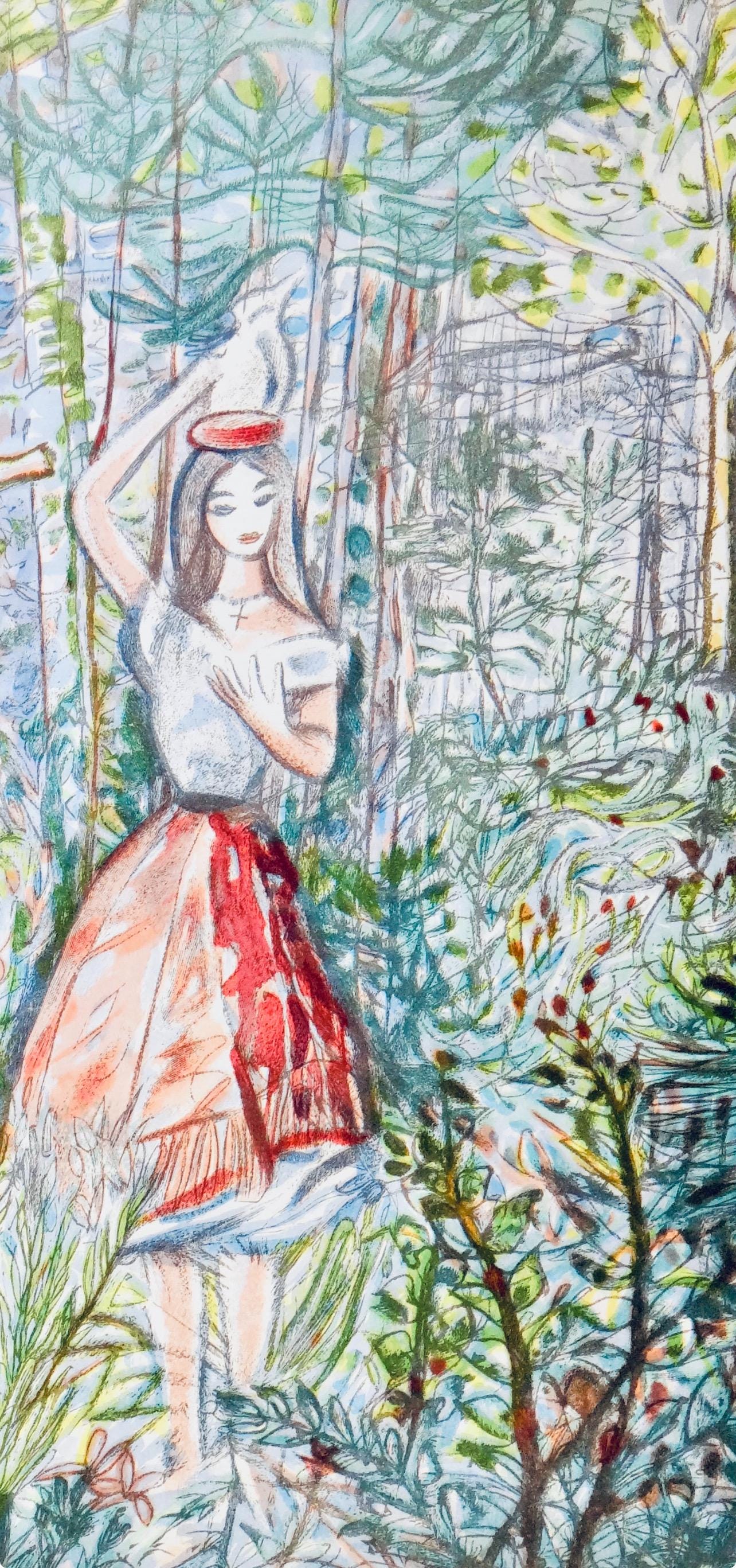 Louis Touchagues, La laitière, Vingt fables de La fontaine, Limited Edition Woodcut