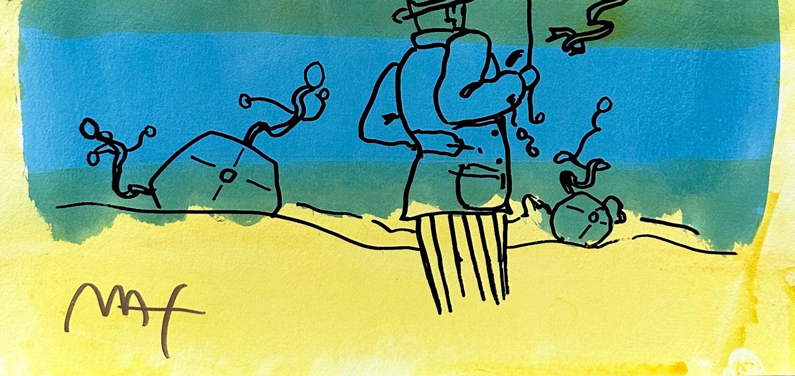 Peter Max, Umbrella Man, Hand Signed, Mixed Media Watercolor and Silkscreen Painting