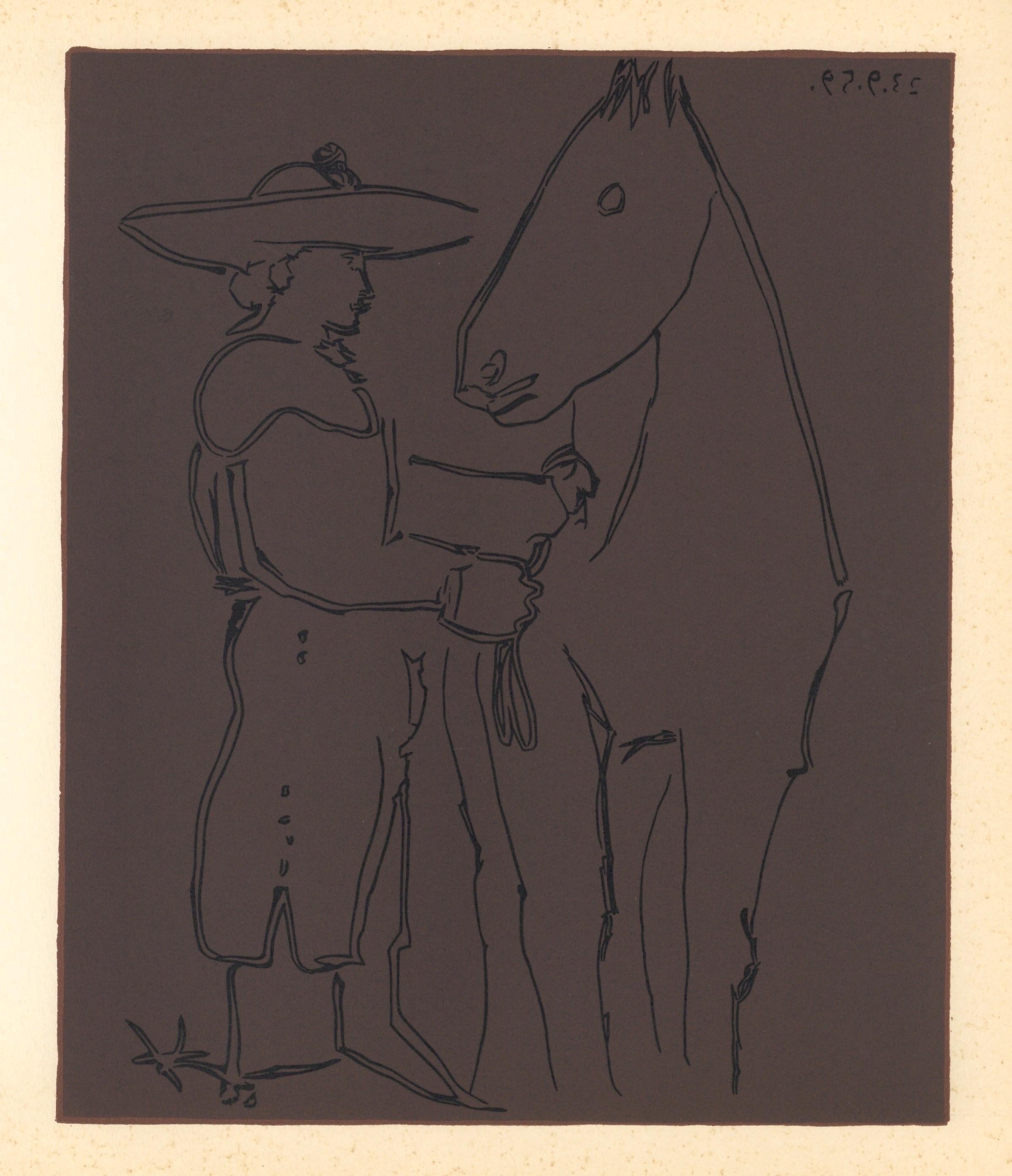 Pablo Picasso, Standing Picador with his Horse (Orozco 214), Grabados al linóleo, Limited Edition Linocut