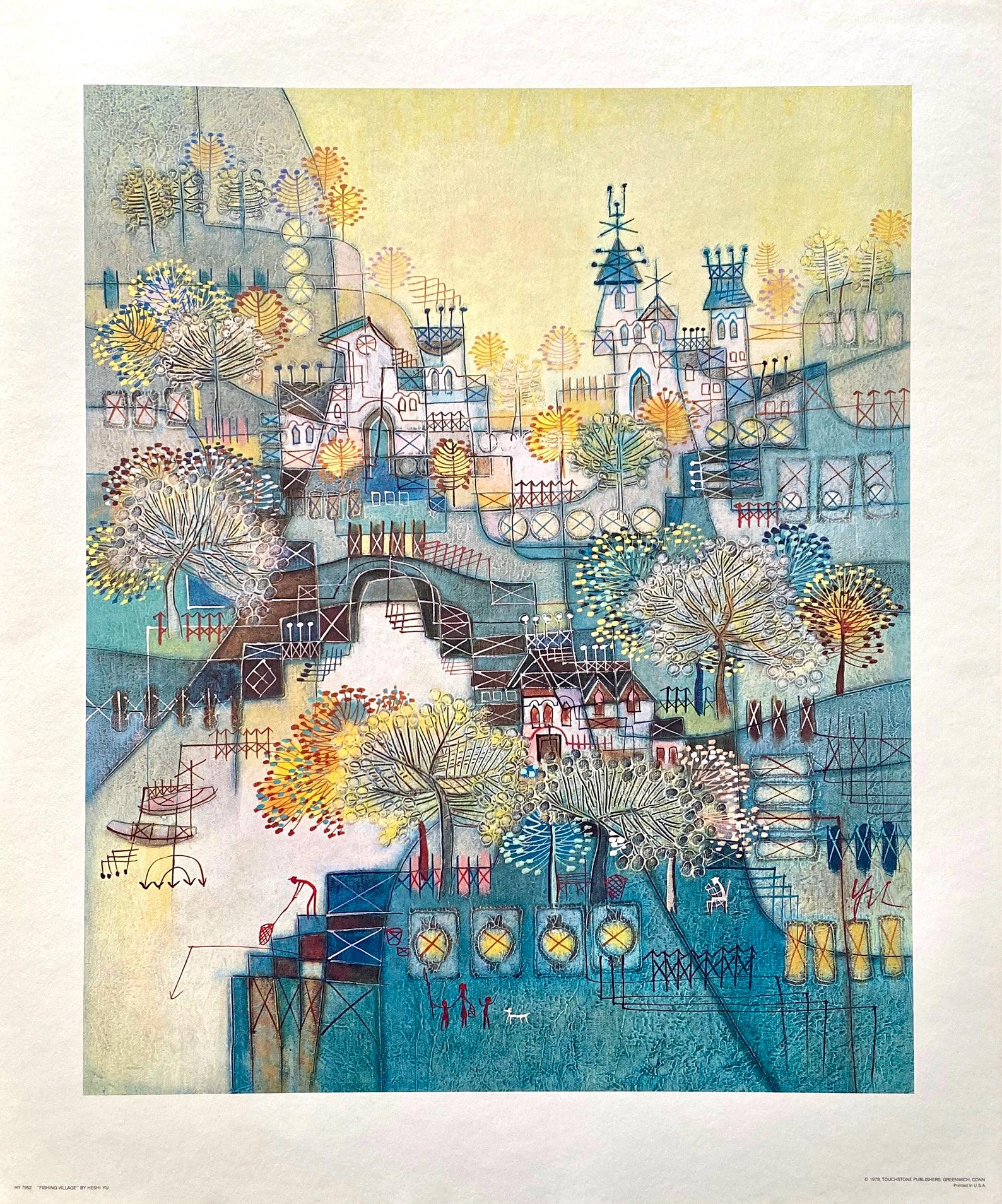 Heshi Yu, Fishing Village, Original Edition Offset Lithograph