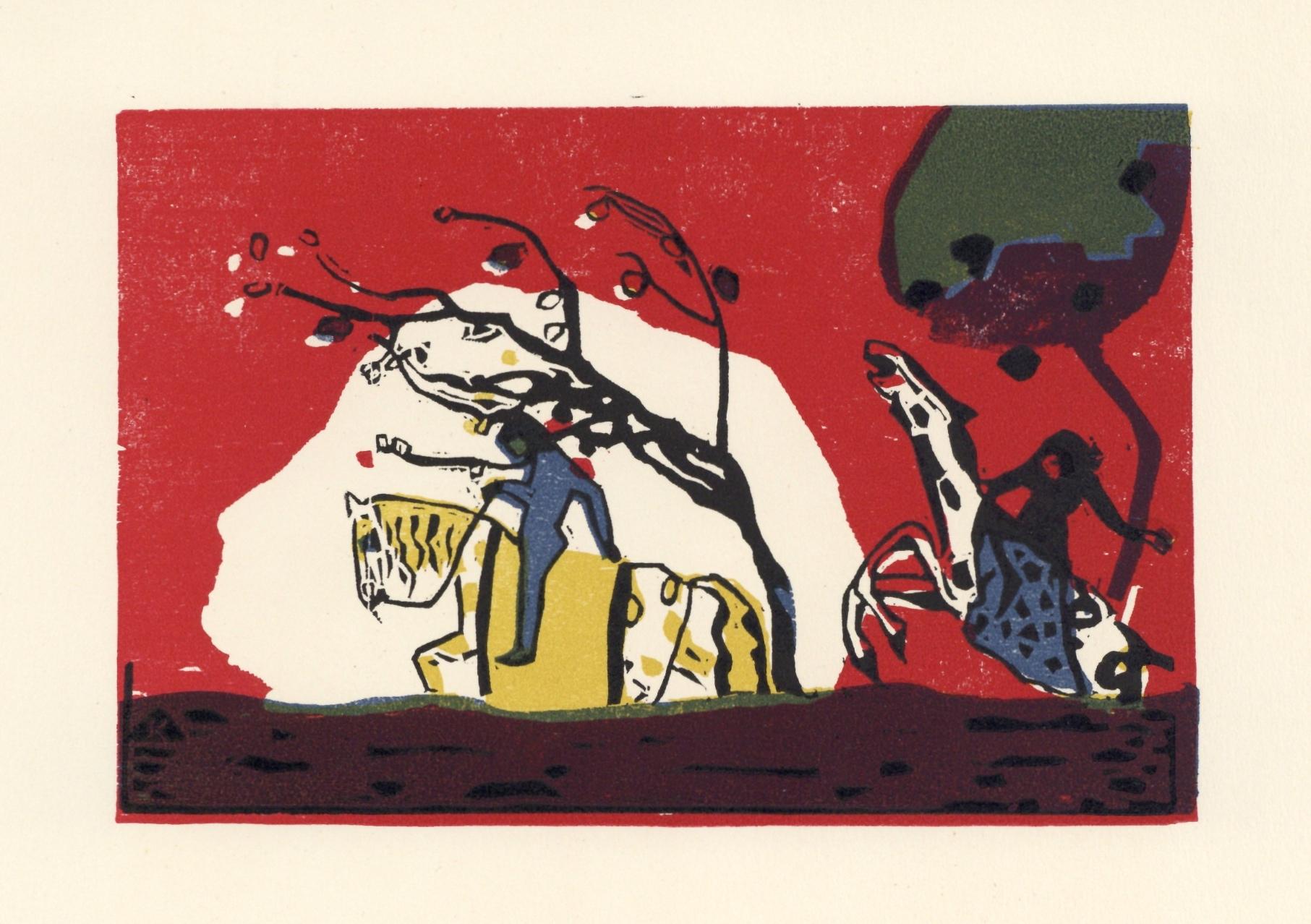 Wassily Kandinsky, Zwei Reiter vor Rot (Roethel 95), XXe siècle, Limited Edition Woodcut