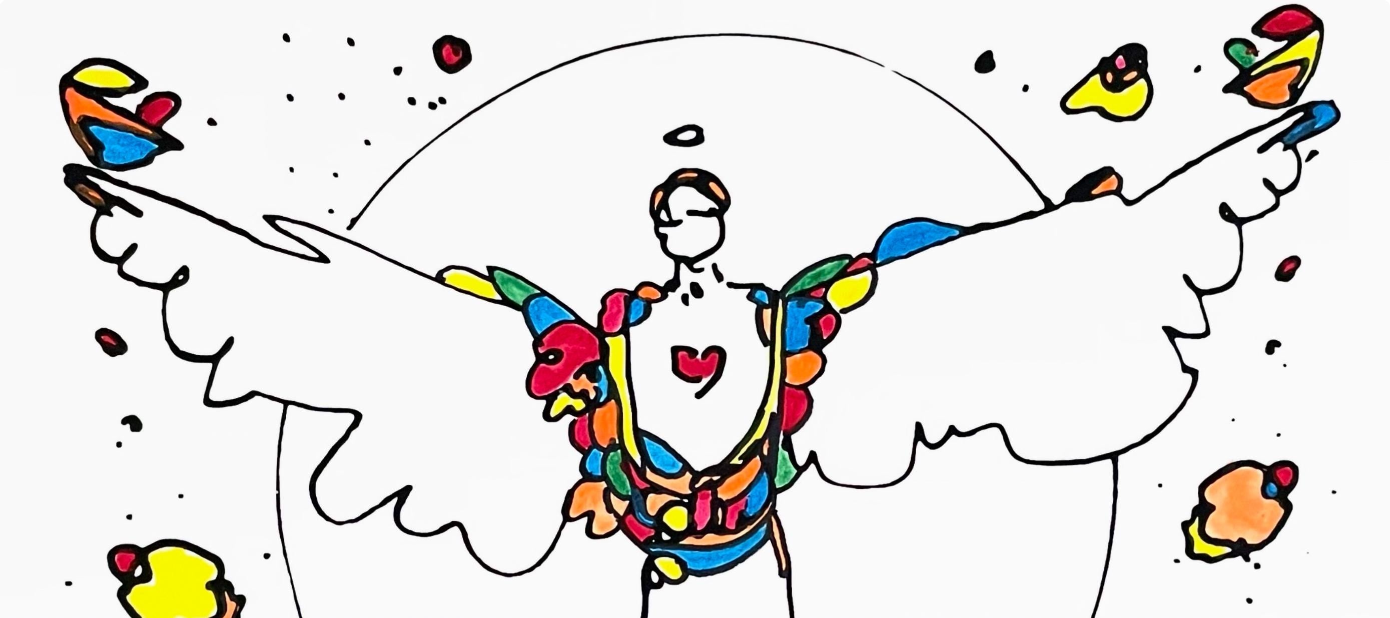 Peter Max, Angel with Spread Wings, Hand Signed, Mixed Media Watercolor and Silkscreen Painting