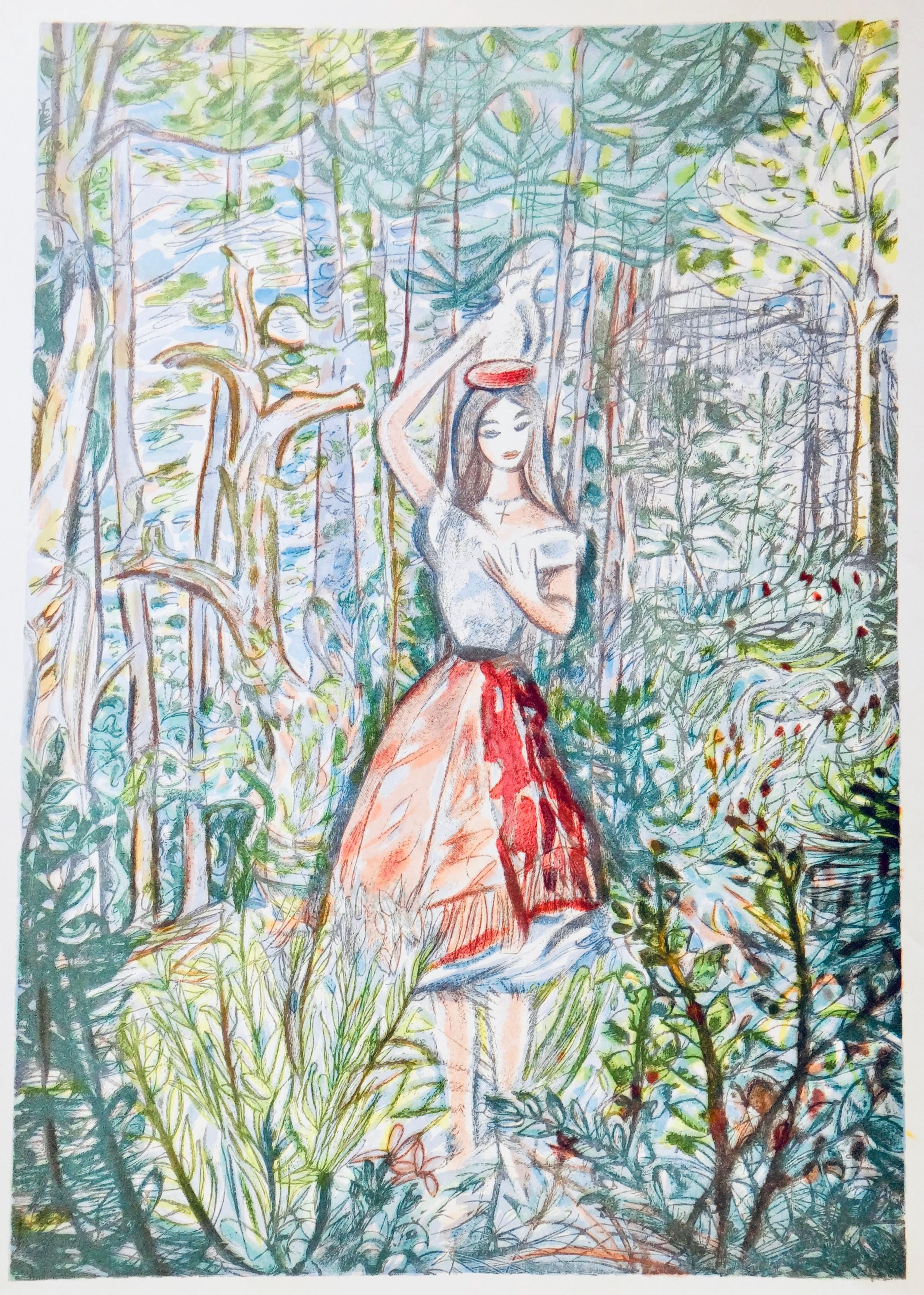 Louis Touchagues, La laitière, Vingt fables de La fontaine, Limited Edition Woodcut