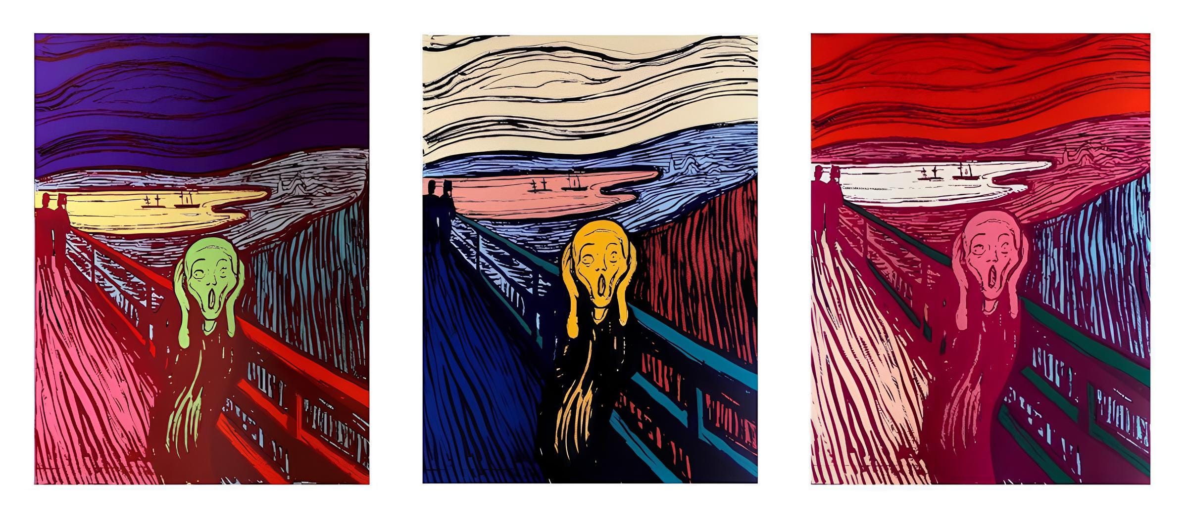Andy Warhol, The Scream (after Edvard Munch), Green, Orange Pink, Suite of Three, Official Limited Edition, Sunday B. Morning, Silkscreens