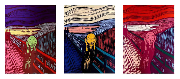Andy Warhol, The Scream (after Edvard Munch), Green, Orange Pink, Suite of Three, Official Limited Edition, Sunday B. Morning, Silkscreens
