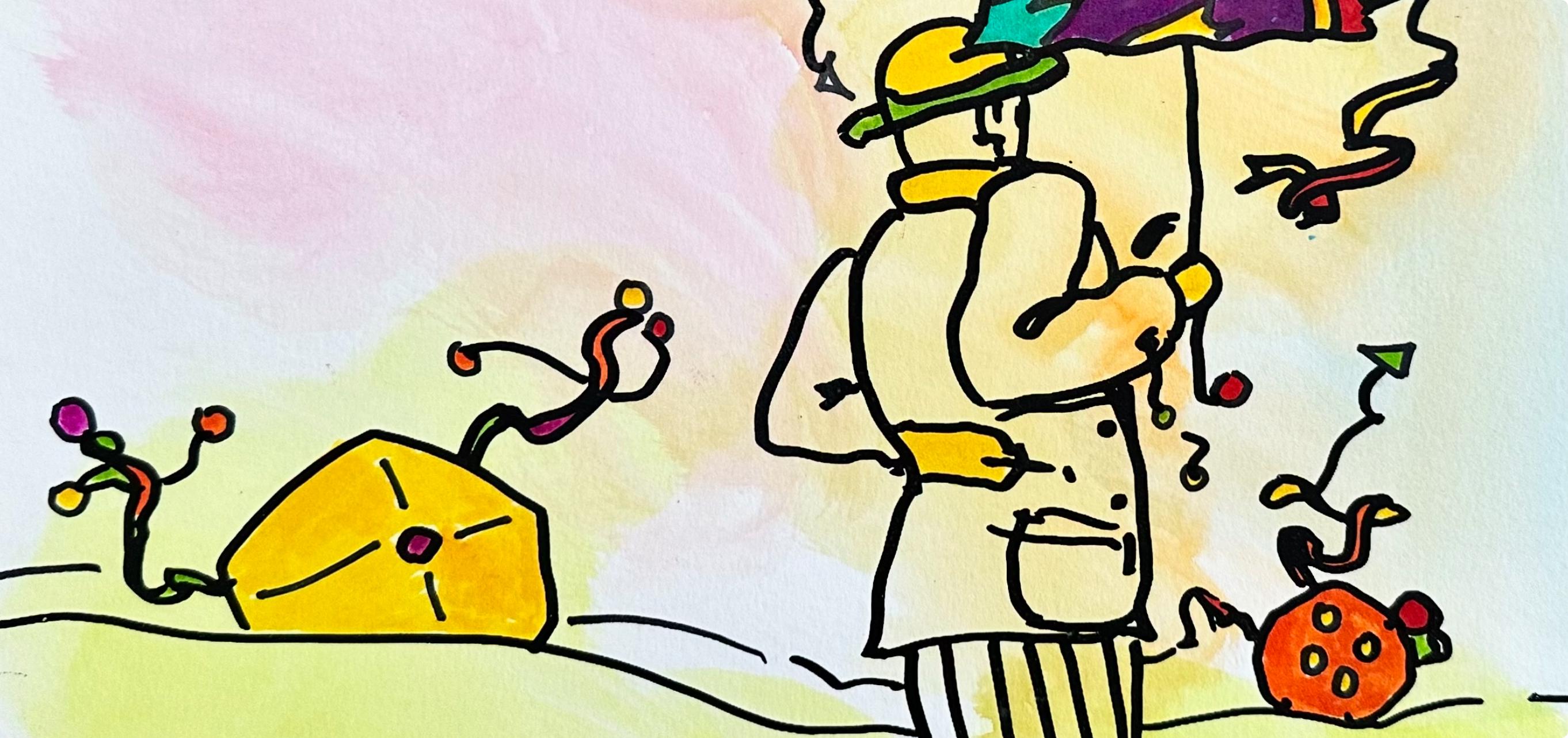 Peter Max, Umbrella Man, Hand Signed, Mixed Media Watercolor and Silkscreen Painting