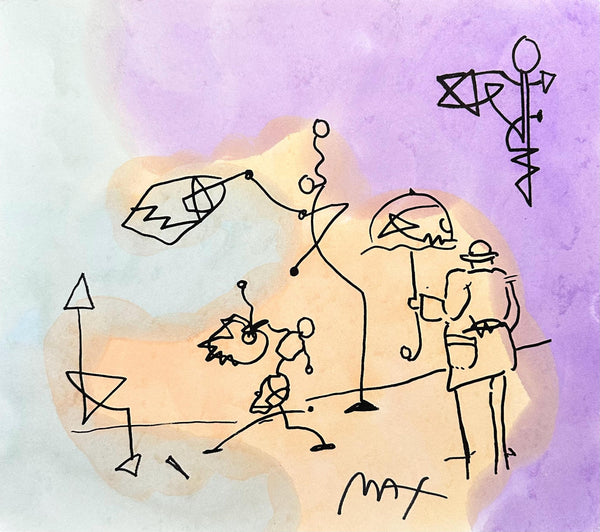 Peter Max, Umbrella Man, Hand Signed, Mixed Media Watercolor and Silkscreen Painting