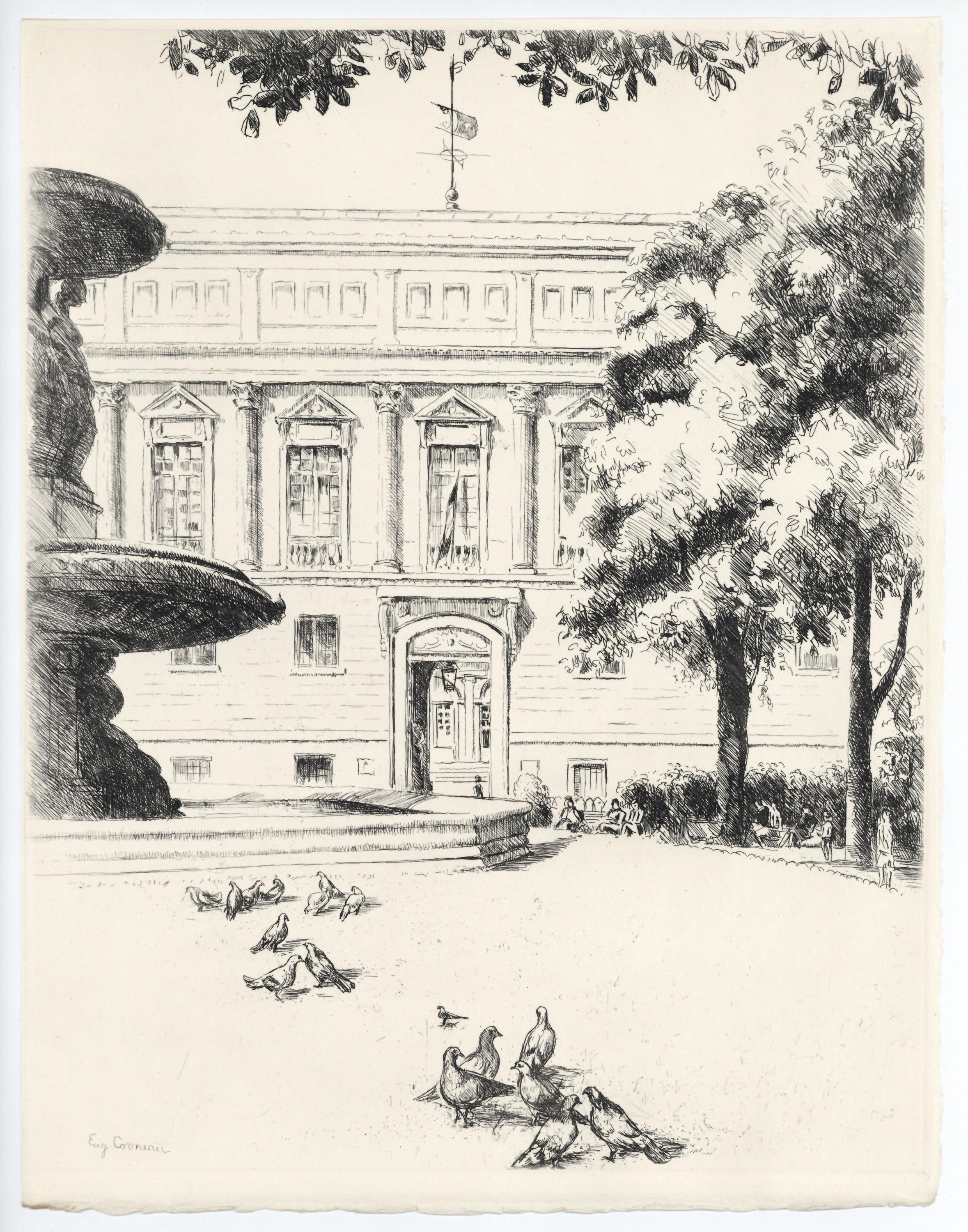 Eugène Corneau, La Bibliothèque nationale, A La gloire à Paris, Limited Edition Etching