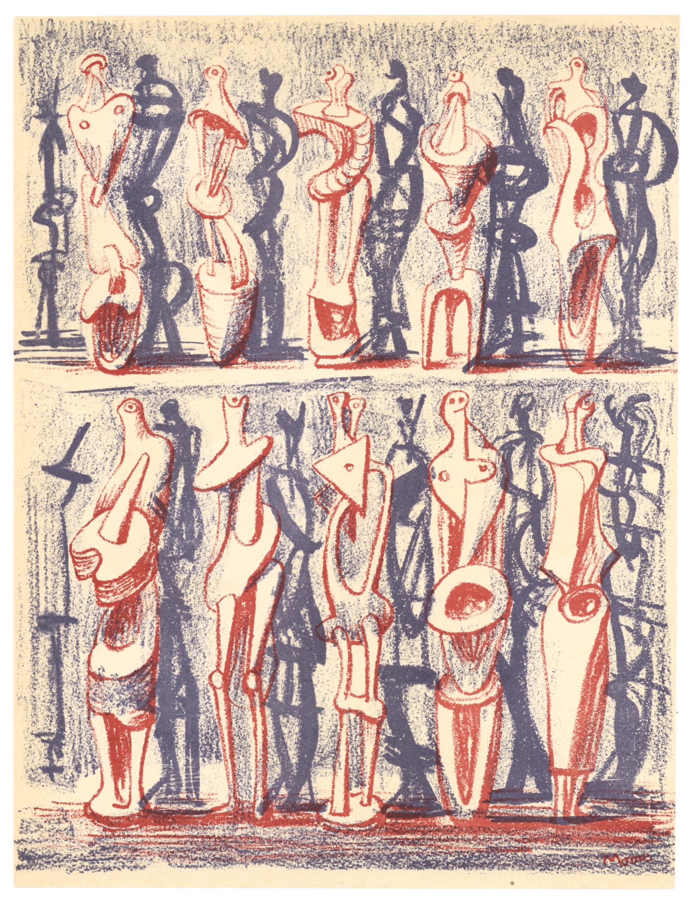 Henry Moore, Red and Blue Standing Figures (Cramer 36), XXe siècle, Limited Edition Lithograph